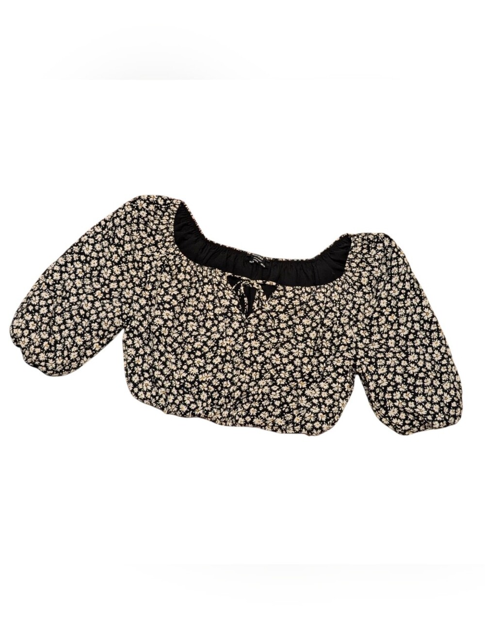 Bershka Daisy Print Puff Sleeve Crop Top Black Small S